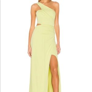 Green/yellow revolve gown bcbgmaxzaria one shoulder cut out evening dress
